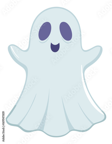 Happy cartoon ghost with purple eyes and mouth smiling