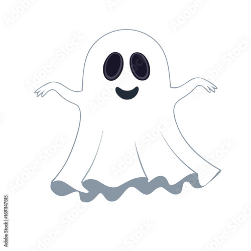 Happy cartoon ghost with dark eyes and smiling mouth white