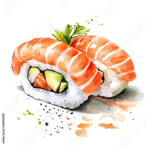 Sushi, watercolor painting vector, isolated on a white background.