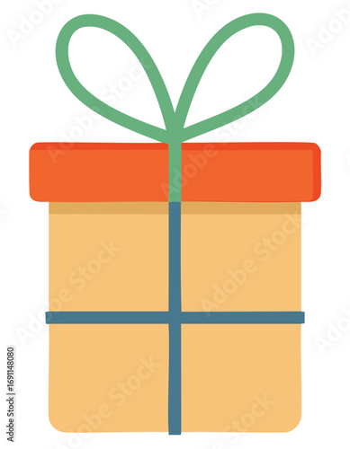 Orange topped gift box with green ribbon and blue ribbon present