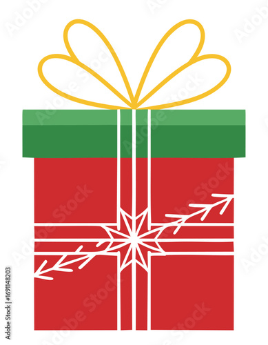 Red gift box with green lid and yellow ribbon present