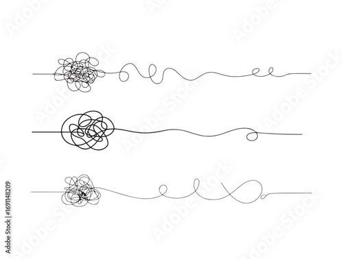 Simplifying process. Easy problem solving, complex to simple. Messy scribble line tangles, chaos transformation, stress reduction. Simplify and psychotherapy vector