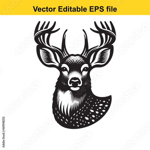 Black and white illustration of a deer head with antlers, isolated on white background