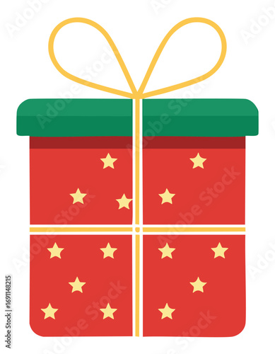 Red gift box with green lid and yellow stars present