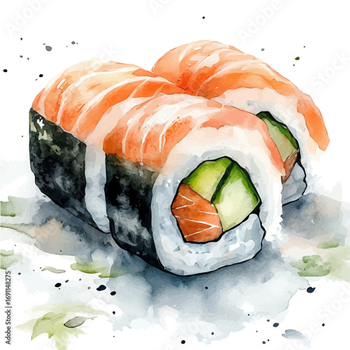 watercolor vector of Sushi, isolated on a white background.