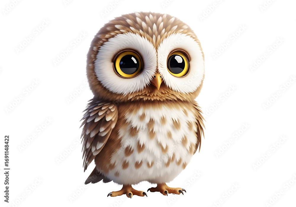 Fototapeta premium Adorable Little Owl with Big Eyes Standing on Black Background