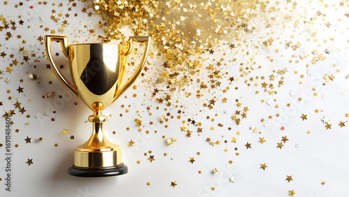Golden trophy with falling gold star confetti isolated on white background