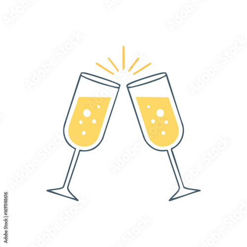 Two champagne glasses clinking with yellow liquid and bubbles toast celebration