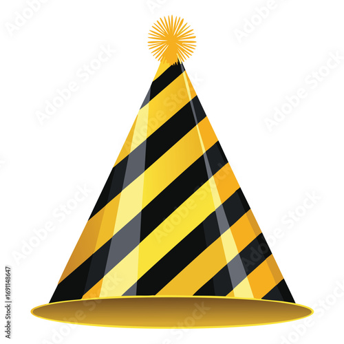 Yellow and black striped party hat with pompom birthday celebration