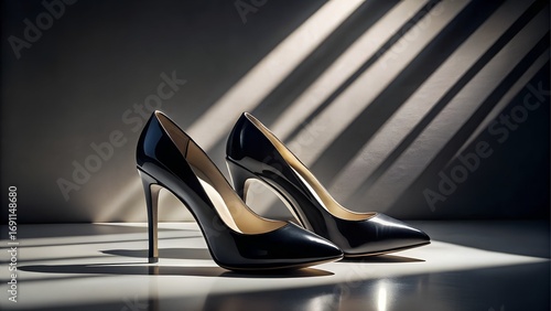 Elegant black high heel shoes with dramatic lighting