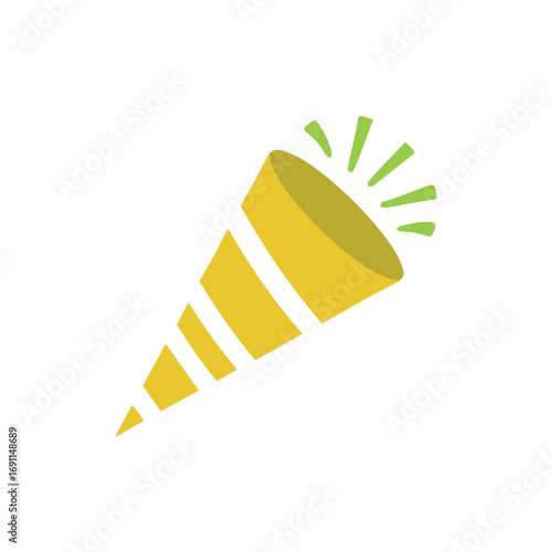 Yellow party popper with green streamers celebration confetti