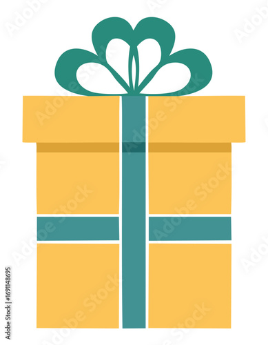 Yellow gift box with teal ribbon and bow present wrapped gift