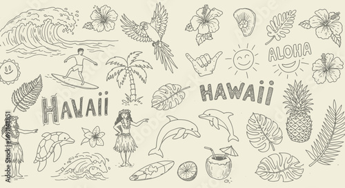 A delightful hawaiian doodle illustration featuring aloha spirit, surfboards, palm trees, and tropical elements, perfect for summer vibes and island adventures