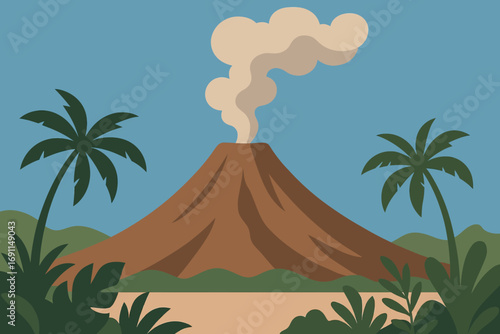 Cartoon illustration of an erupting volcano with smoke, surrounded by tropical palm trees and green foliage under a blue sky, depicting a natural disaster.