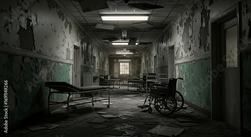 Eerie abandoned hospital corridor with decaying medical equipment and peeling paint