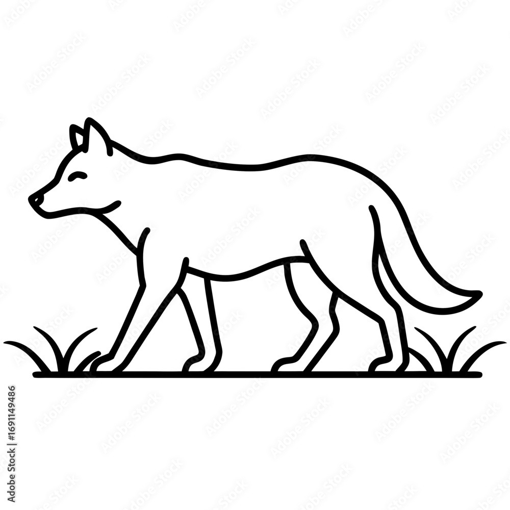 Fototapeta premium Wolf walking with grass outline vector, a modern wolf icon art design, black vector of a wolf, simple wolf art, a wolf isolated