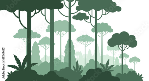 Silhouette illustration of a lush green forest with tall trees and undergrowth.