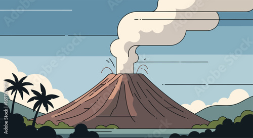Stylized illustration of an active volcano erupting smoke on a tropical island with palm trees.