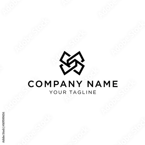 A modern, minimalist black logo featuring four interlocking geometric shapes forming a symmetrical, abstract pinwheel design.