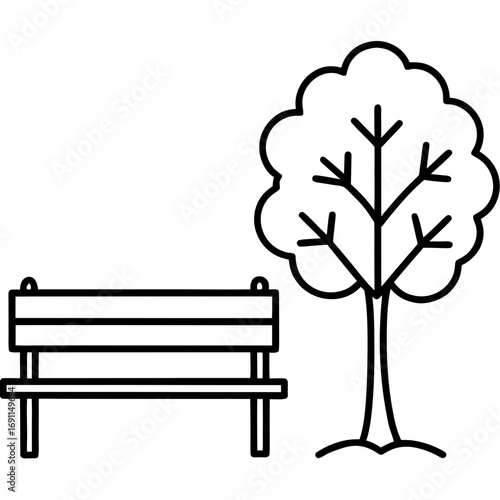 Park bench with tree outline vector, a modern park bench icon art design, black vector of a park bench, simple park bench art, a bench with tree isolated