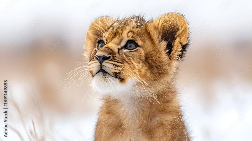Obraz premium A young lion cub with golden fur looks up inquisitively dusted with snow in a winter landscape