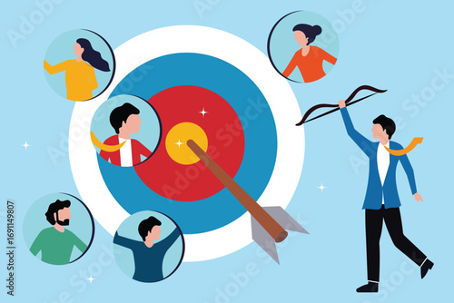 Target audience for advertising, Global business concept, Easy achieve goal, business target, confident or skill to success.  People focus group research concept, businessman's target bullseye.