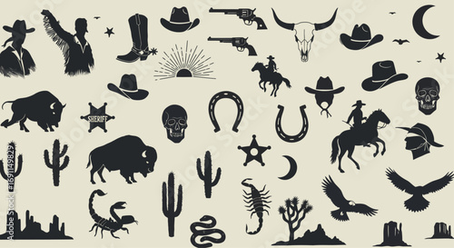 A vintage wild west illustration featuring cowboys, cacti, and desert elements, perfect for western themes and rustic designs isolated on white background