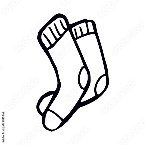 Whimsical doodle vector of cozy socks in black line art—hand-drawn playful sketch with imperfect charm, ideal for stationery, scrapbooking, seasonal design and creative illustrations