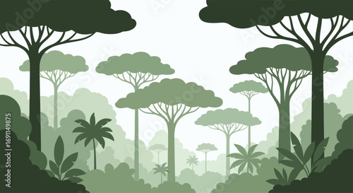 A stylized illustration of a dense, misty jungle with various trees and foliage in shades of green.