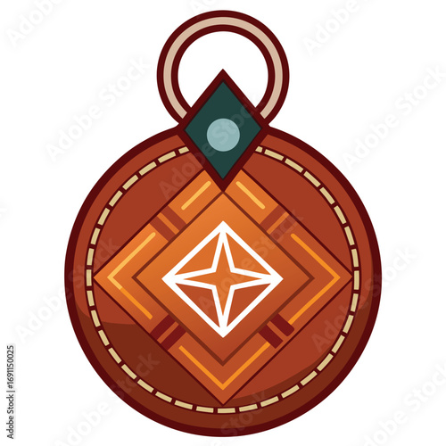 A detailed and ornamental pendant design featuring a geometric pattern and earth tone colors within a circle shape.