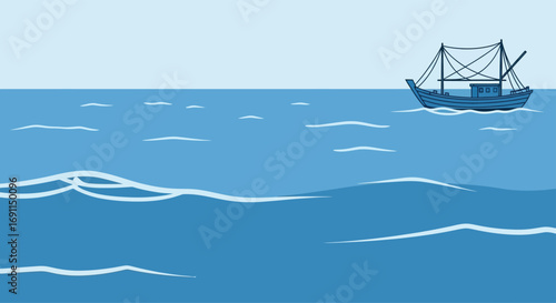 A fishing boat sails on the ocean, with waves and a light blue sky.