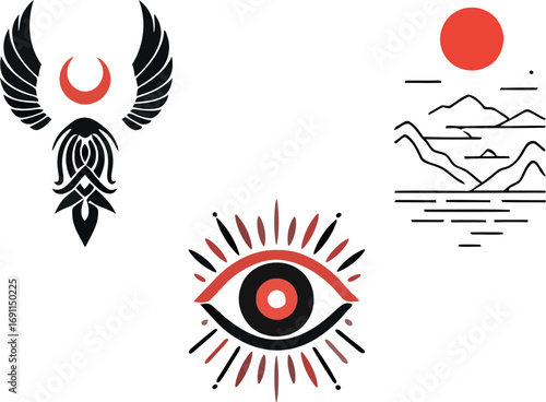 Mystic Line Art: Sun, Eye, Wings