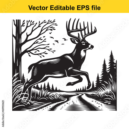 Majestic buck deer running on a forest path with trees and birds