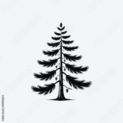 Vector art of hand drawn silhouette of a fir tree with cones perfect for christmas and winter designs