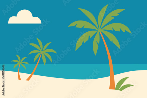 A serene tropical beach scene with palm trees, white sand, and a clear blue ocean under a bright sky with a single cloud.