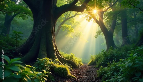 Deep in a wild forest, sunlight filters through dense canopy, illuminating the lush undergrowth and ancient trees  A sense of untamed nature prevails , earth, forest, botanical
