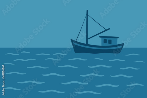 Stylized blue boat with a mast and cabin floating on a wavy blue sea under a clear blue sky.