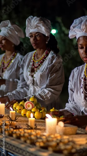 Candomble priestess leading spiritual ceremony with candles. Religion and esoteric concept