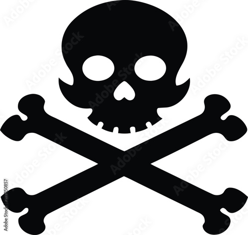 Skull and Crossbones Black Silhouette, Pirate Flag Silhouette - Classic Jolly Roger Skull with Crossed Bones Vector Art