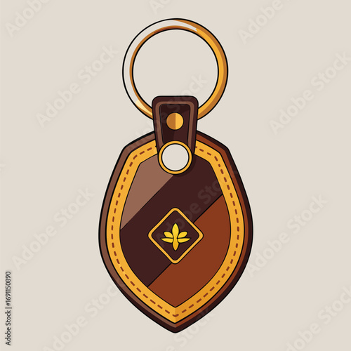 Artistic illustration of a stylish key chain featuring a brown leather design with a golden decorative emblem and key ring on a neutral background.