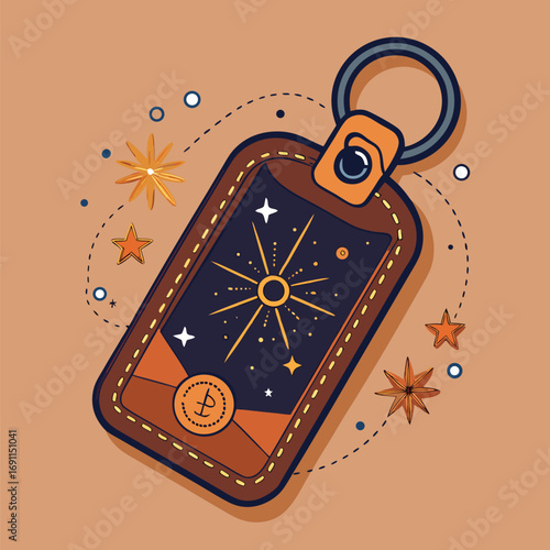 Decorative keychain illustration featuring an astrological design with the sun stars and celestial details on a brown background.