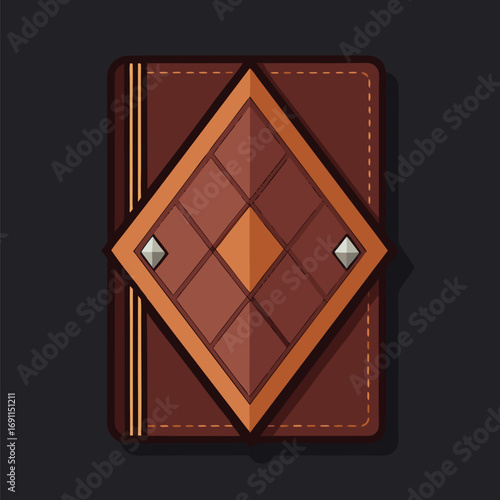 Elegant brown leather journal illustration with decorative diamond design and metallic stud accents isolated on a dark background