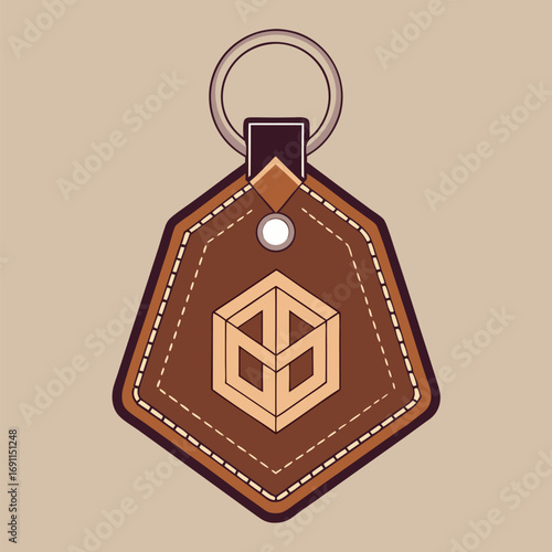 Elegant brown leather keyring with geometric cube logo and metal ring for branding and identity design