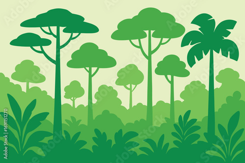 Silhouette of lush green forest with various trees and plants.