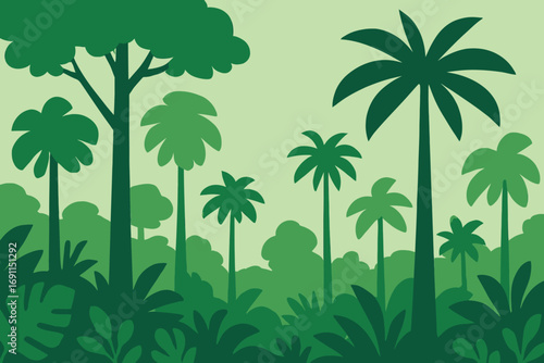 A lush green jungle landscape with silhouettes of palm trees and dense foliage in a flat vector style.