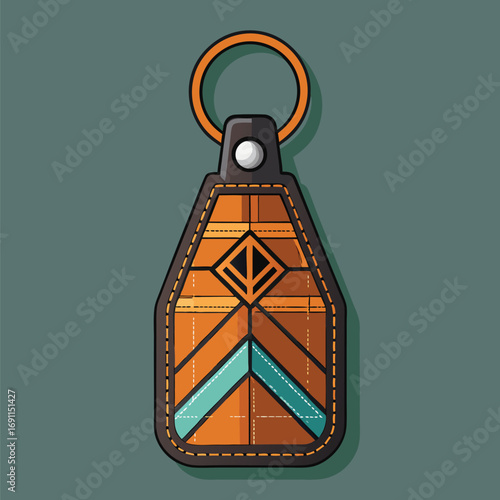 Illustrated orange and teal keychain design with a geometric pattern isolated on a teal background represents accessories