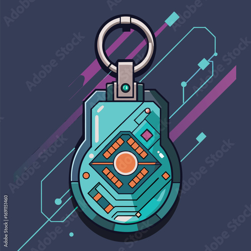 Modern digital security concept illustration showcasing a futuristic key fob with circuit board details and abstract tech elements