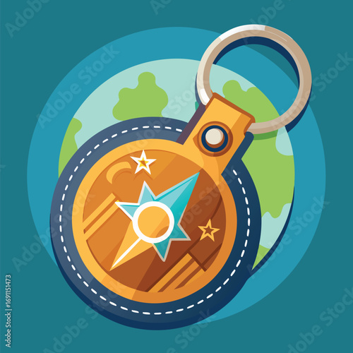 Illustrative representation of a gold compass keyring with a stylized star design representing global travel and navigation on a background.