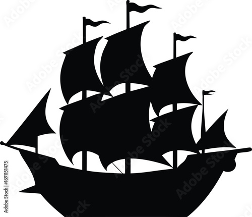 Classic Ship Silhouette with Waving Flags - Nautical Vector Illustration. Sailing Ship Silhouette with Fluttering Flags - Maritime Vector Art