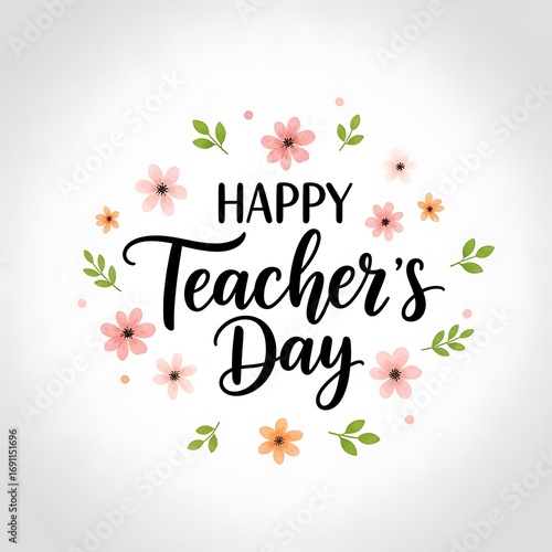 Happy Teachers Day greeting with floral border and calligraphy script lettering